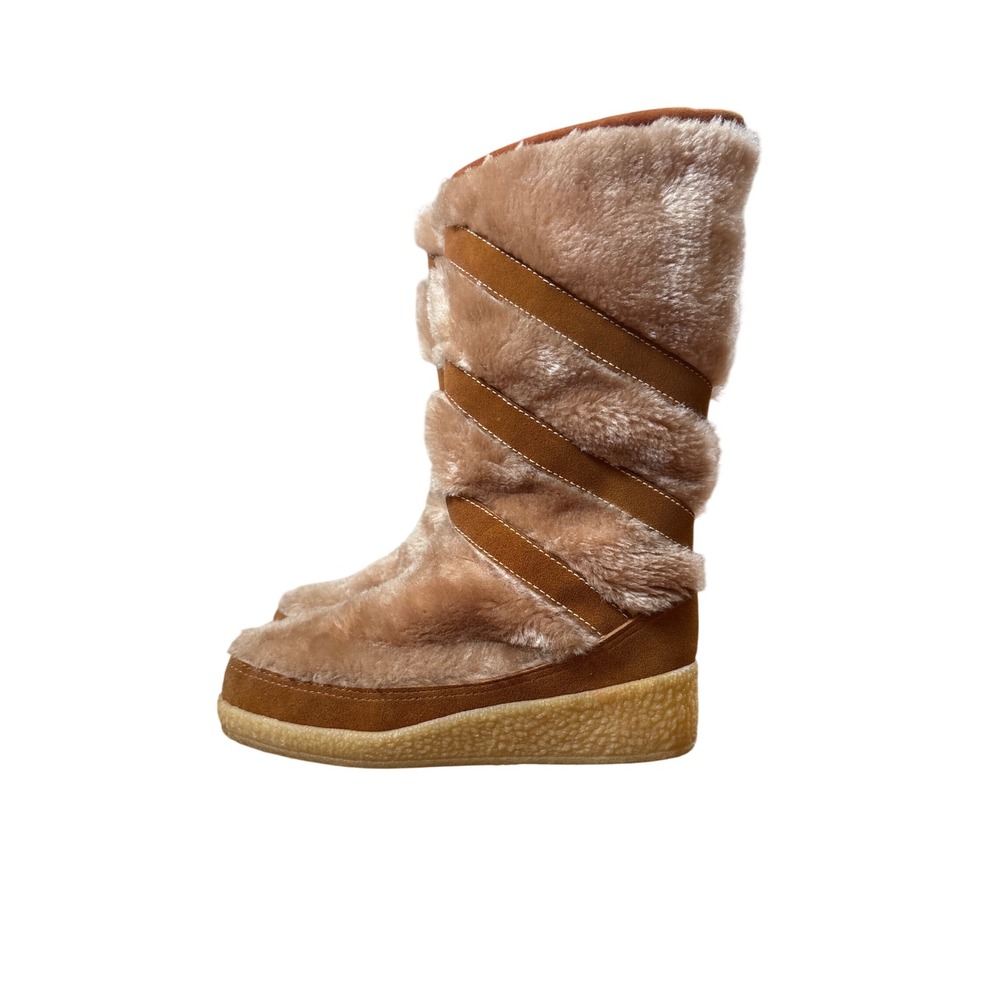 Quoddy Moccasins Snow Boots Women Tan Faux Fur Vintage Winter SIZE 6